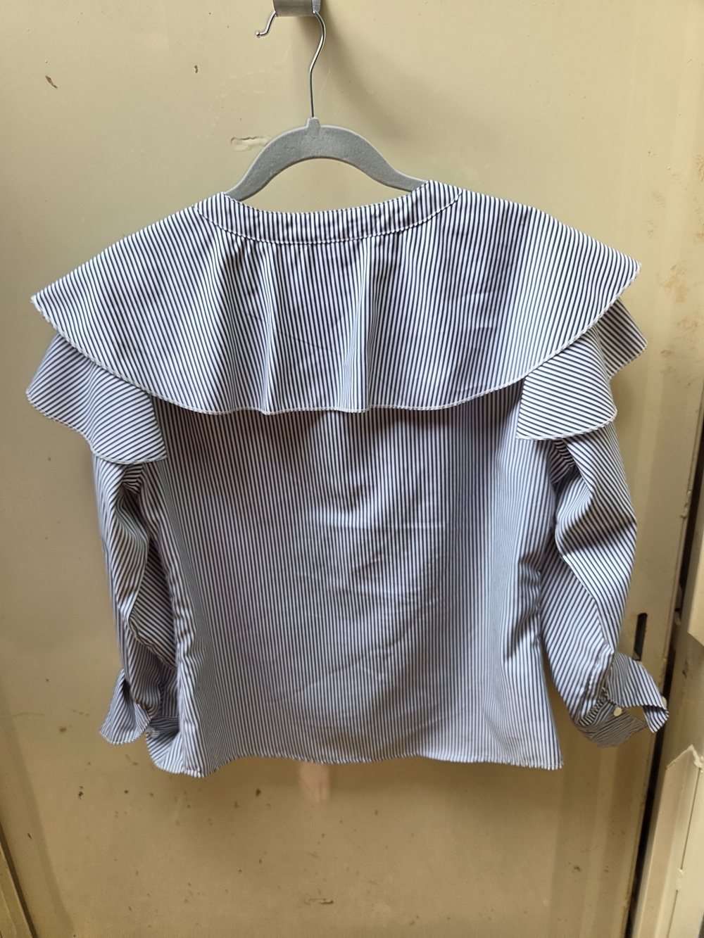 Striped Ruffle Collar Button-Front Blouse - Blue/White - Picture 3 of 4